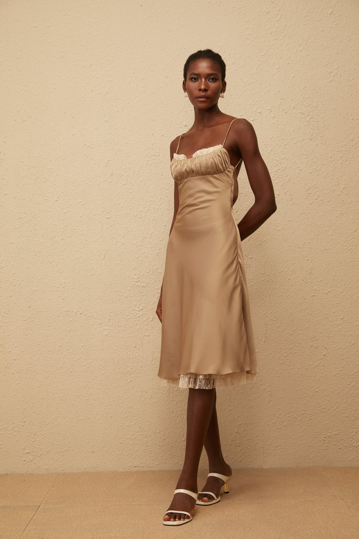 Aurohaya Ananias Khaki Lace Panel Satin Midi Dress