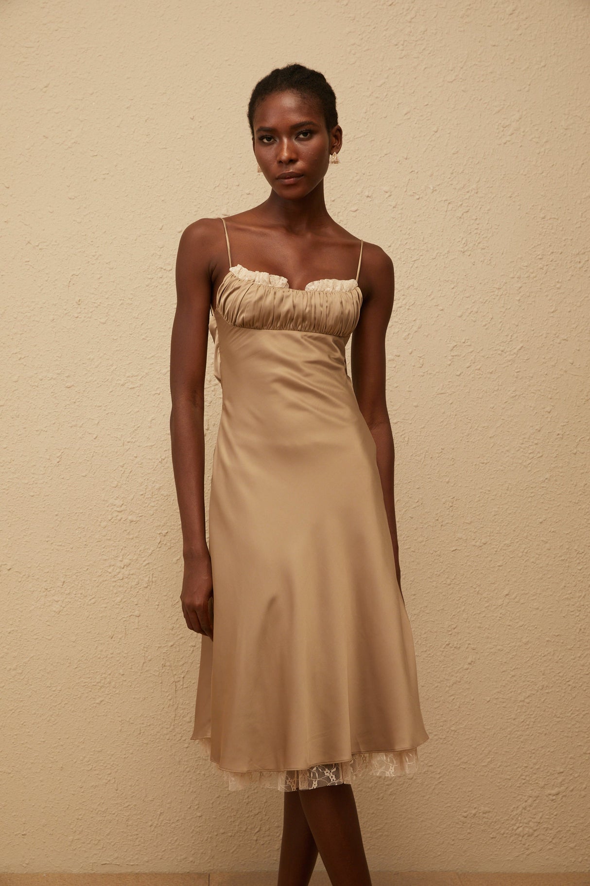 Aurohaya Ananias Khaki Lace Panel Satin Midi Dress