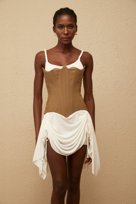 Aurohaya Yasmine Brown Bustier Panel Mini Dress
