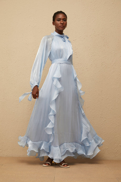 Aurohaya Nanette Blue Glossy Pleated Maxi Dress