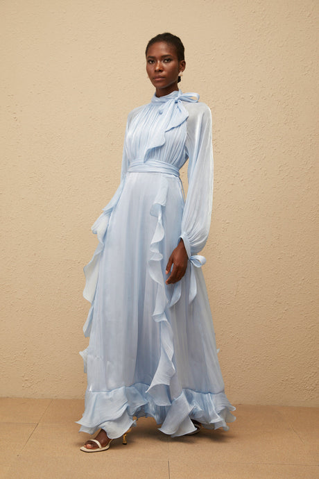 Aurohaya Nanette Blue Glossy Pleated Maxi Dress