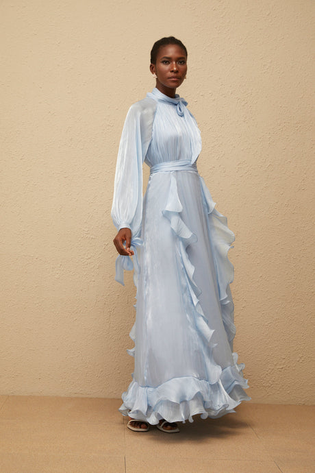 Aurohaya Nanette Blue Glossy Pleated Maxi Dress