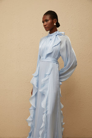 Aurohaya Nanette Blue Glossy Pleated Maxi Dress