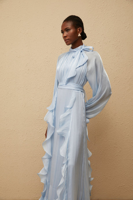 Aurohaya Nanette Blue Glossy Pleated Maxi Dress