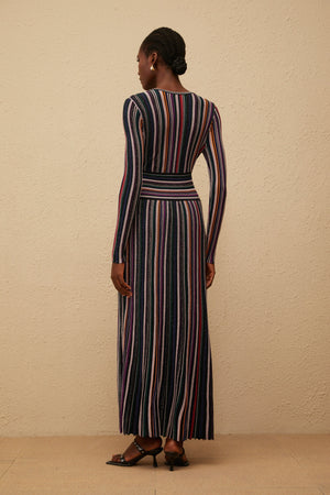 Aurohaya Phoebe Black Vertical Stripe Knit Maxi Dress