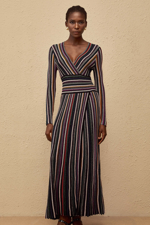 Aurohaya Phoebe Black Vertical Stripe Knit Maxi Dress