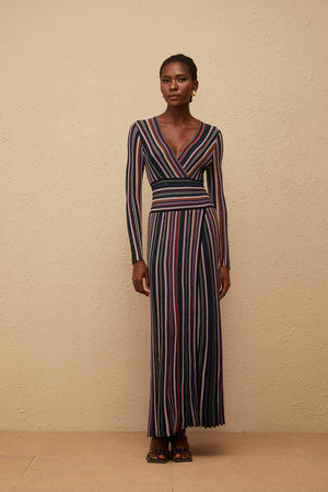 Aurohaya Phoebe Black Vertical Stripe Knit Maxi Dress