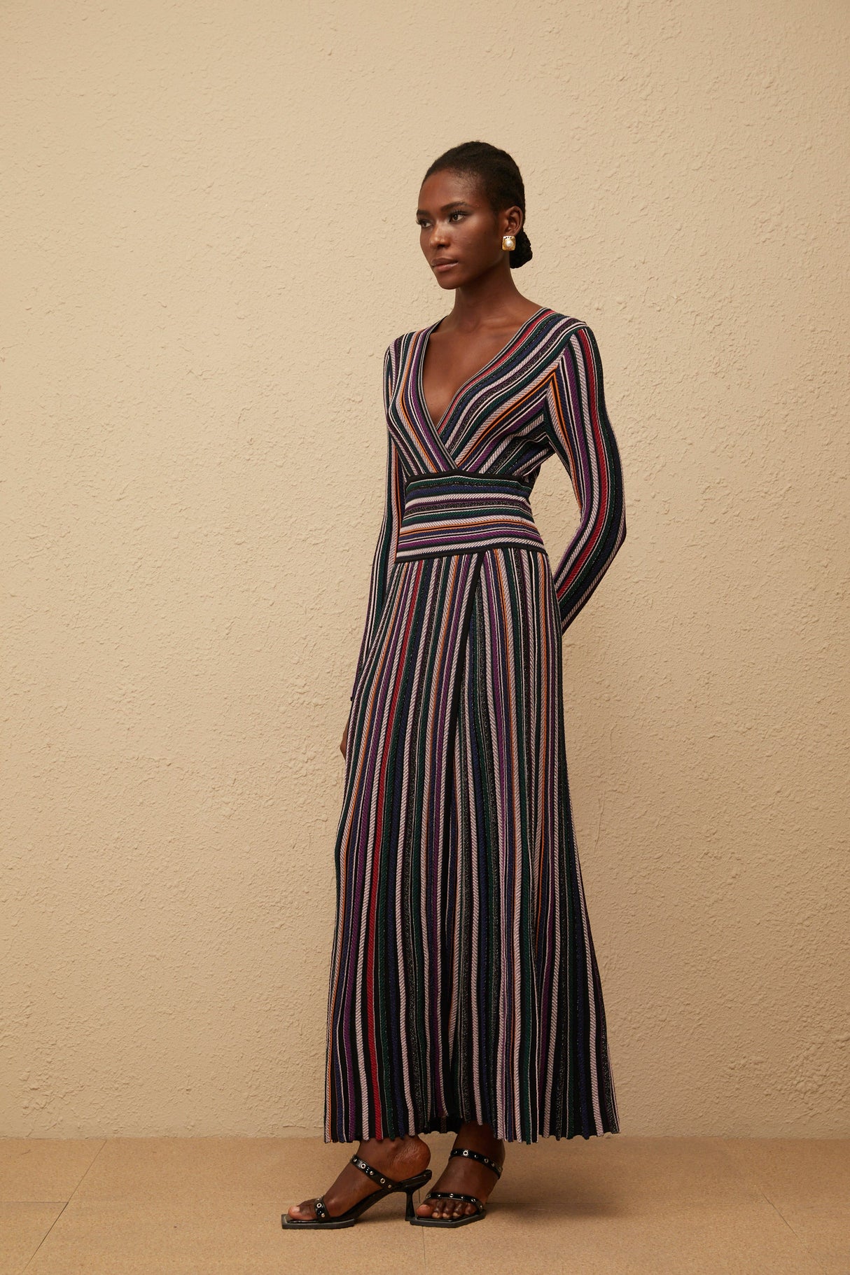 Aurohaya Phoebe Black Vertical Stripe Knit Maxi Dress