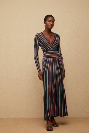 Aurohaya Phoebe Black Vertical Stripe Knit Maxi Dress