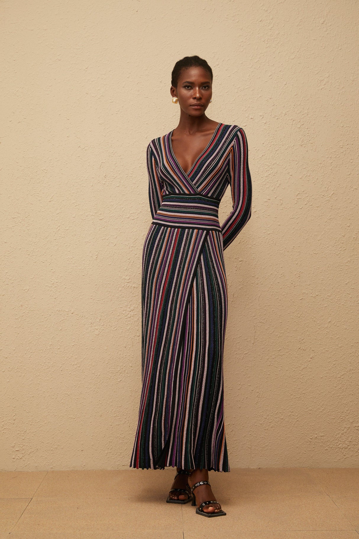 Aurohaya Phoebe Black Vertical Stripe Knit Maxi Dress