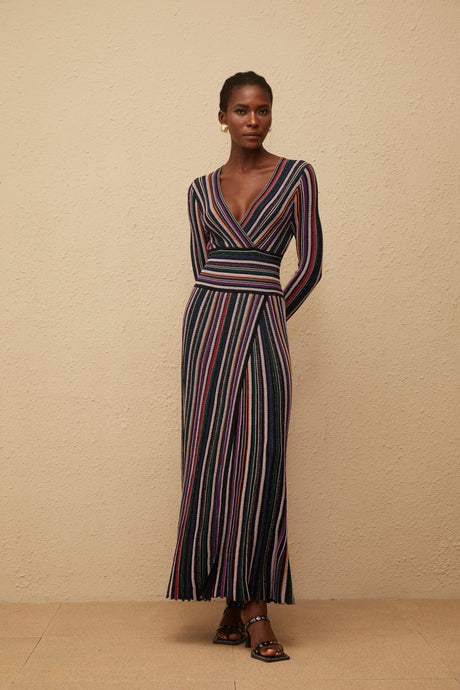 Aurohaya Phoebe Black Vertical Stripe Knit Maxi Dress