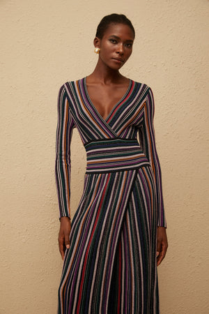 Aurohaya Phoebe Black Vertical Stripe Knit Maxi Dress