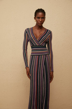 Aurohaya Phoebe Black Vertical Stripe Knit Maxi Dress
