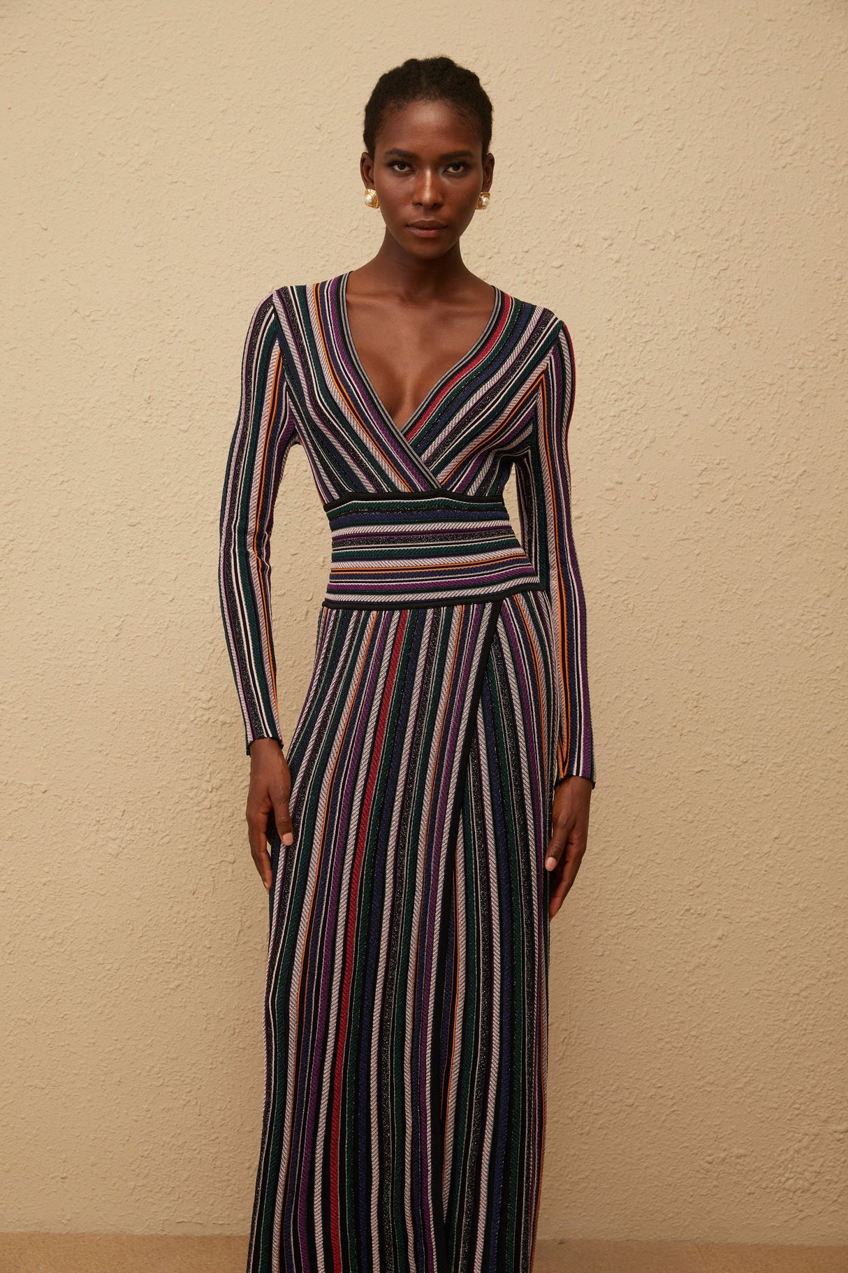 Aurohaya Phoebe Black Vertical Stripe Knit Maxi Dress