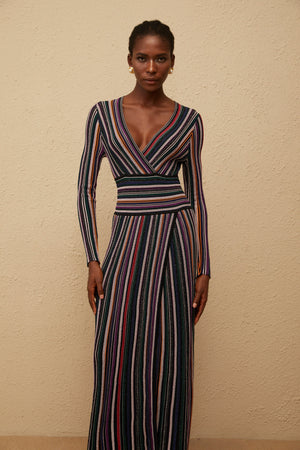 Aurohaya Phoebe Black Vertical Stripe Knit Maxi Dress