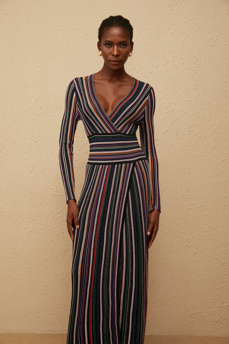 Aurohaya Phoebe Black Vertical Stripe Knit Maxi Dress
