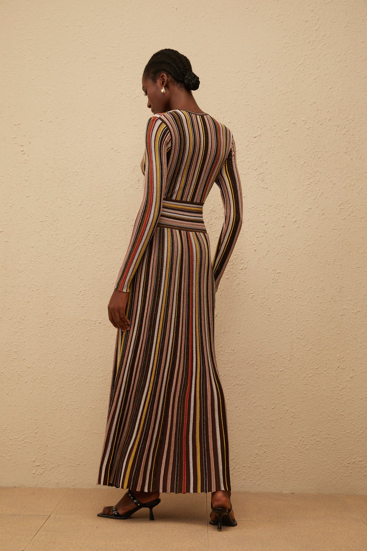 Aurohaya Phoebe Brown Vertical Stripe Knit Midi Dress