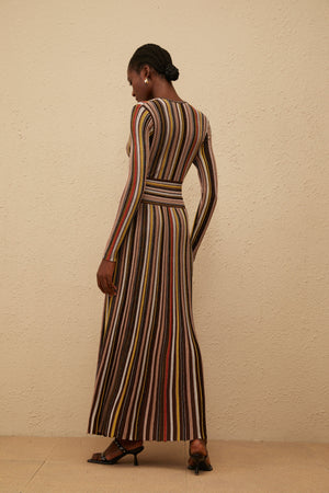 Aurohaya Phoebe Brown Vertical Stripe Knit Midi Dress
