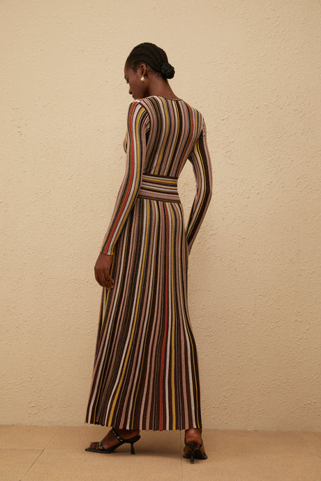 Aurohaya Phoebe Brown Vertical Stripe Knit Midi Dress