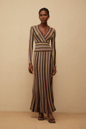 Aurohaya Phoebe Brown Vertical Stripe Knit Midi Dress
