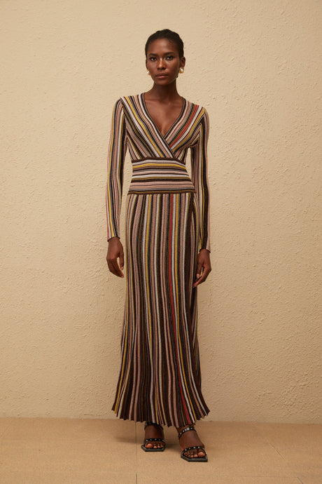 Aurohaya Phoebe Brown Vertical Stripe Knit Midi Dress