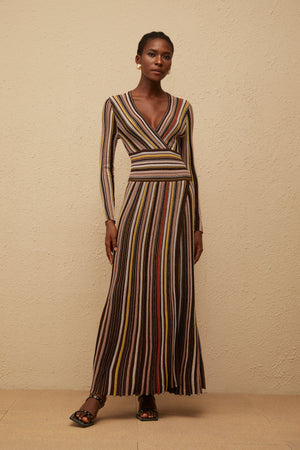 Aurohaya Phoebe Brown Vertical Stripe Knit Midi Dress