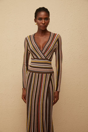 Aurohaya Phoebe Brown Vertical Stripe Knit Midi Dress