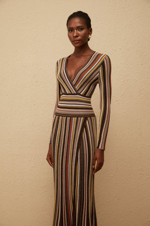 Aurohaya Phoebe Brown Vertical Stripe Knit Midi Dress