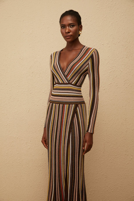Aurohaya Phoebe Brown Vertical Stripe Knit Midi Dress