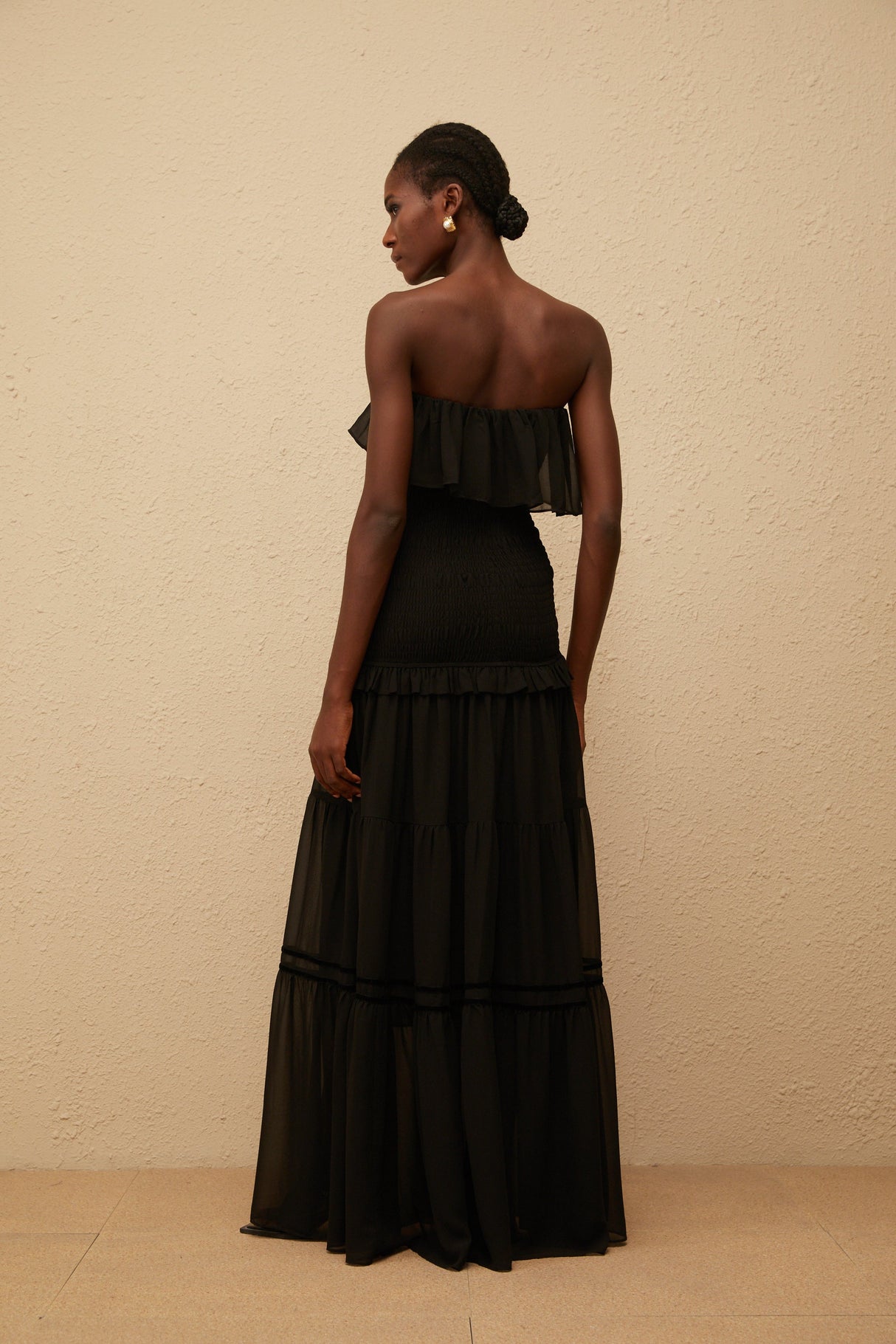 Aurohaya Karoliina Black Off-Shoulder Smocked Panel Maxi Dress