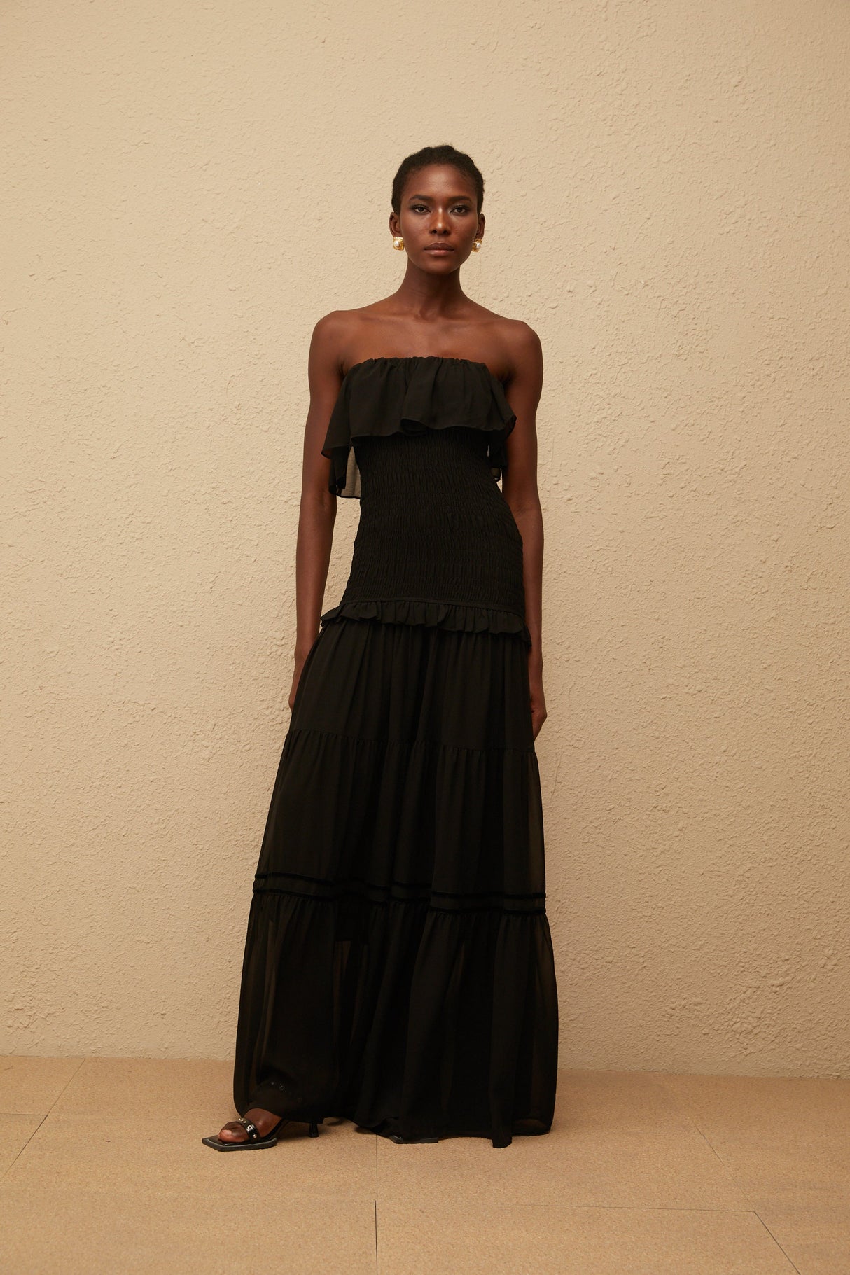 Aurohaya Karoliina Black Off-Shoulder Smocked Panel Maxi Dress