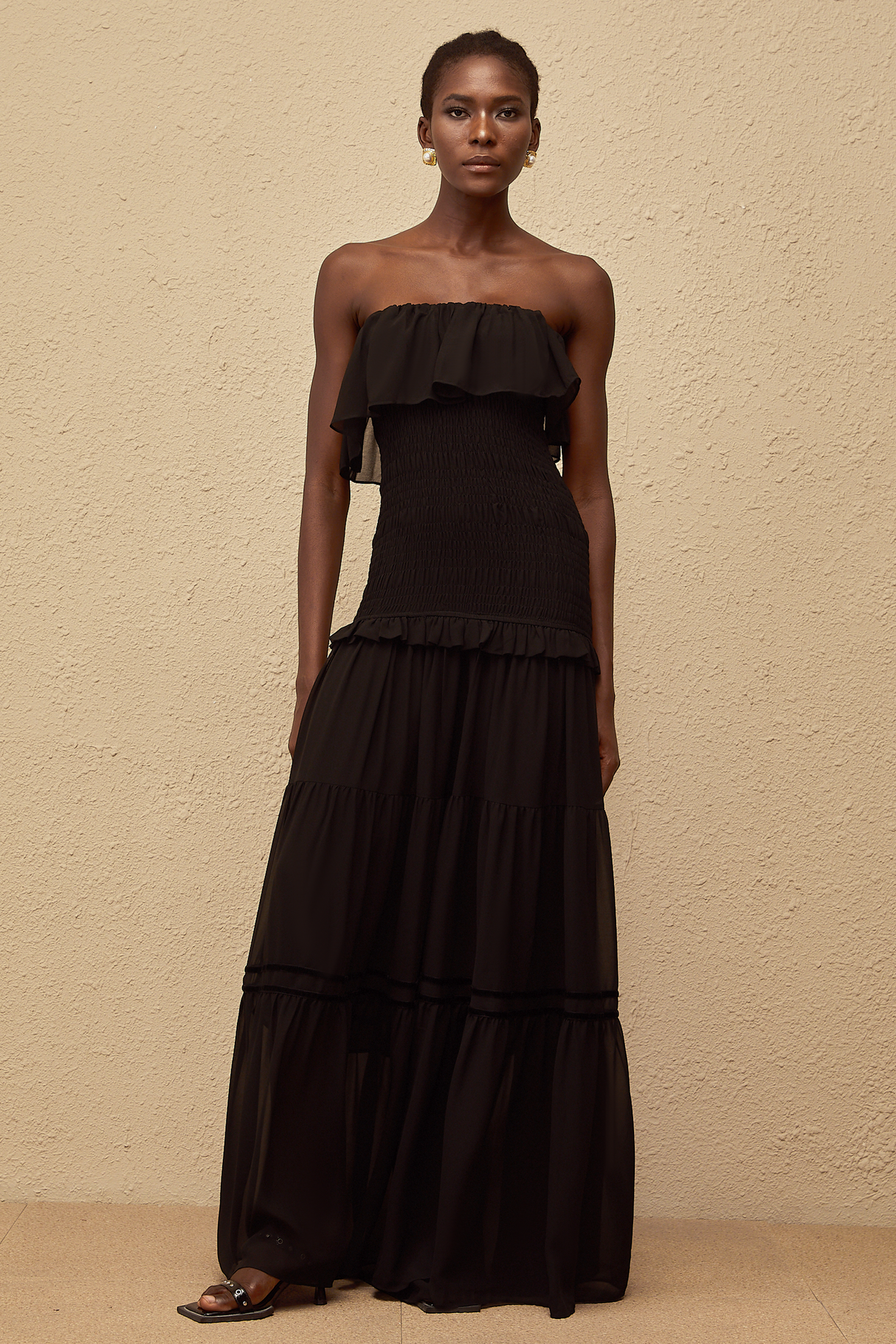 Aurohaya Karoliina Black Off-Shoulder Smocked Panel Maxi Dress