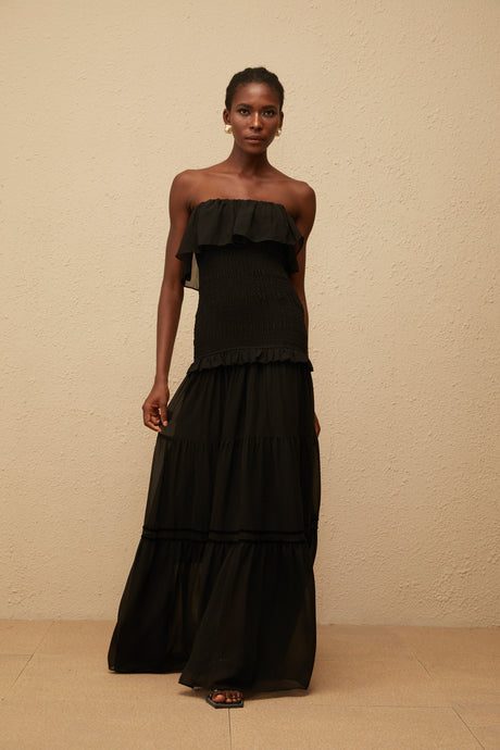 Aurohaya Karoliina Black Off-Shoulder Smocked Panel Maxi Dress