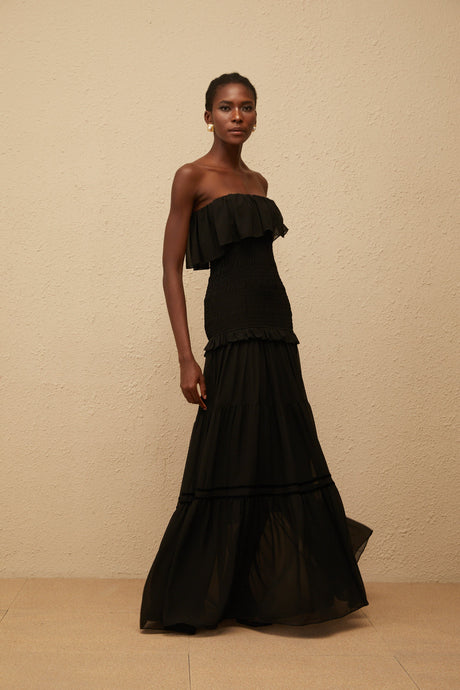 Aurohaya Karoliina Black Off-Shoulder Smocked Panel Maxi Dress