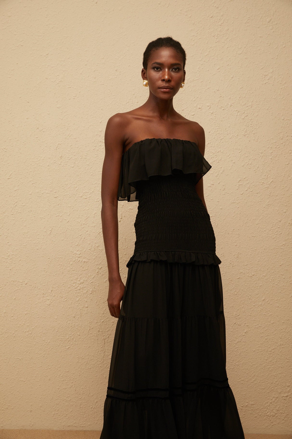 Aurohaya Karoliina Black Off-Shoulder Smocked Panel Maxi Dress