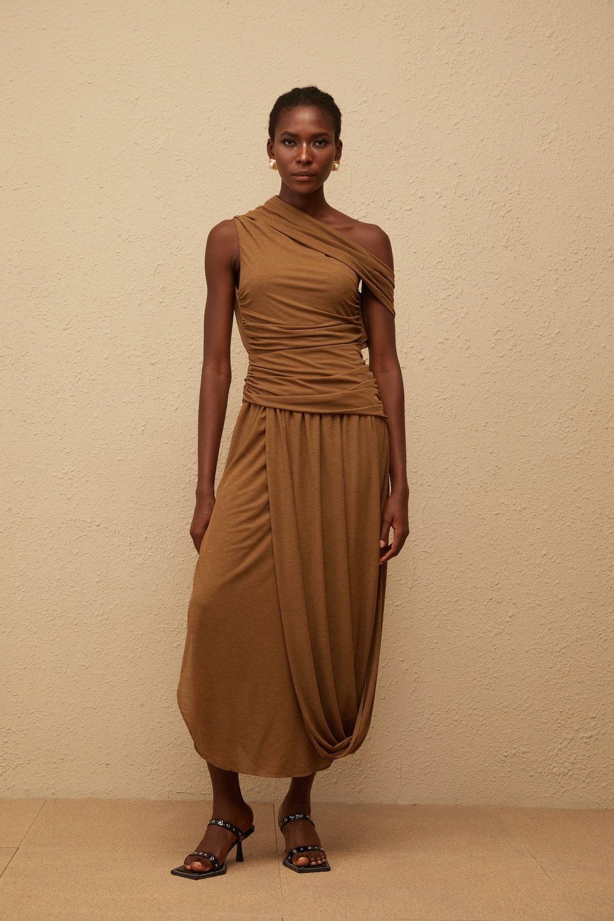 Aurohaya Catarina Brown Asymmetrical Ruched Maxi Dress