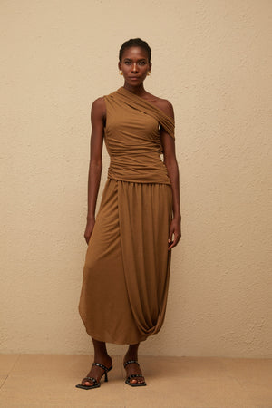 Aurohaya Catarina Brown Asymmetrical Ruched Maxi Dress