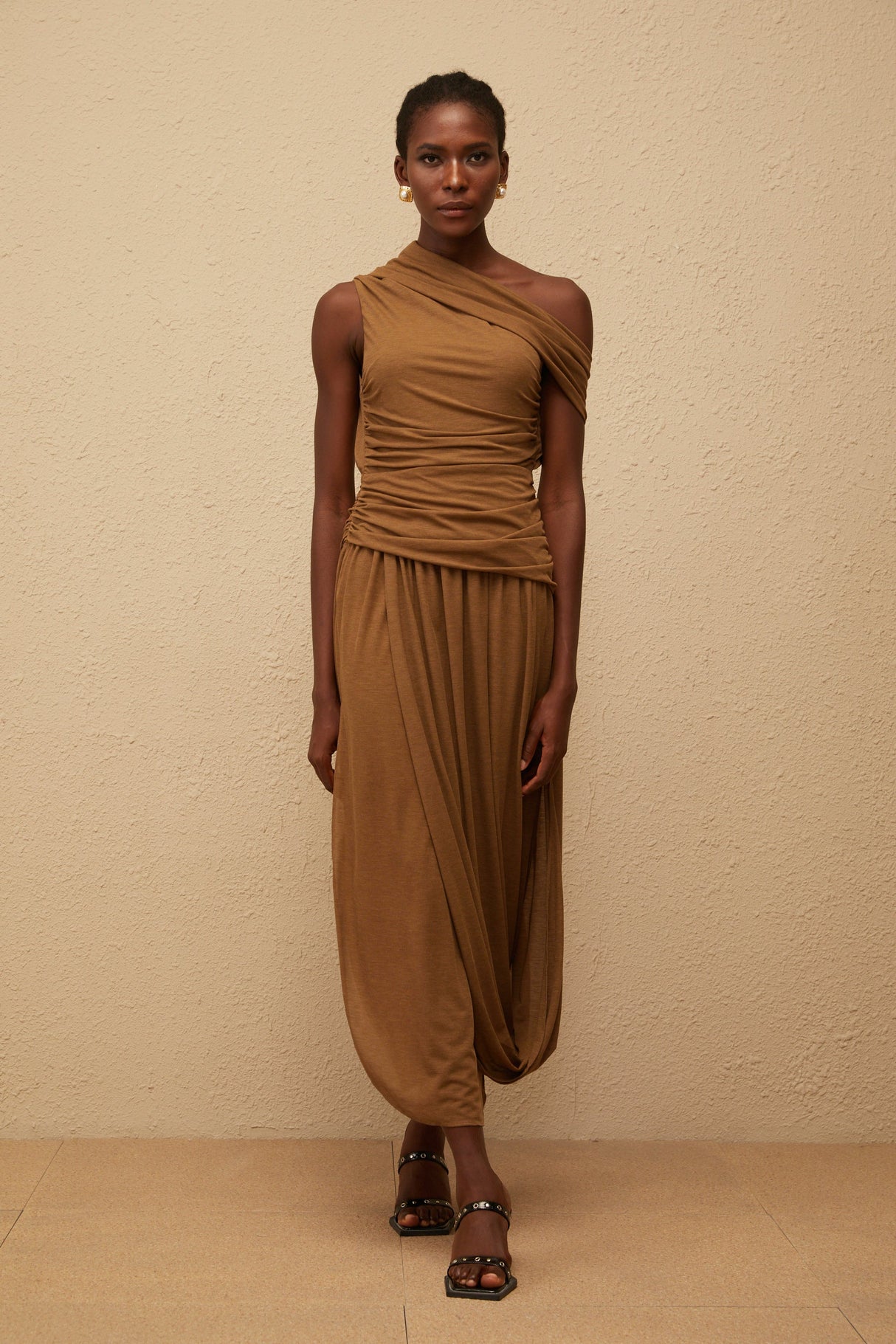 Aurohaya Catarina Brown Asymmetrical Ruched Maxi Dress