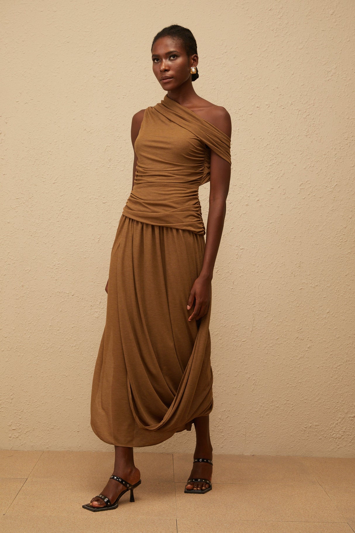 Aurohaya Catarina Brown Asymmetrical Ruched Maxi Dress