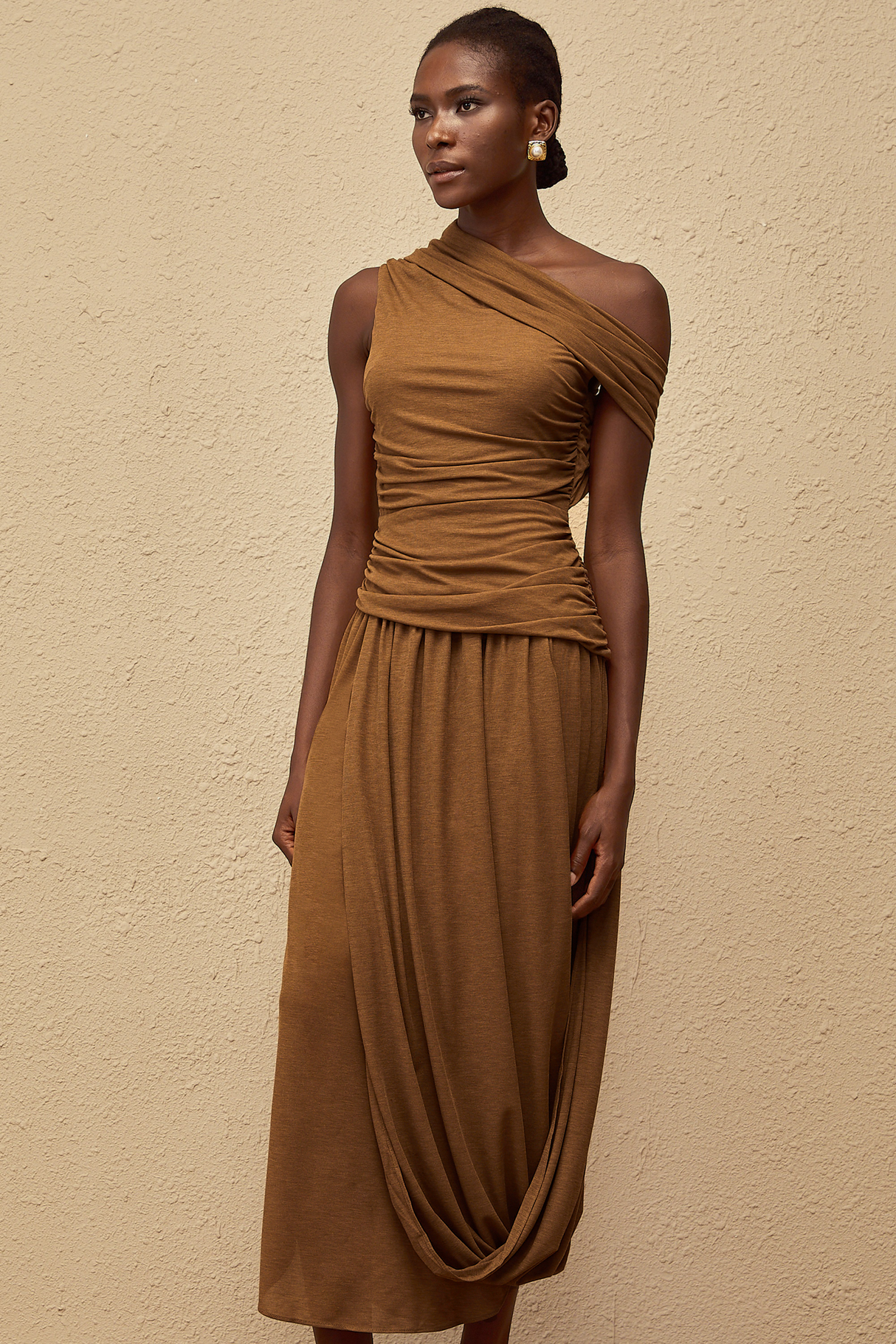 Aurohaya Catarina Brown Asymmetrical Ruched Maxi Dress
