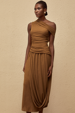 Aurohaya Catarina Brown Asymmetrical Ruched Maxi Dress