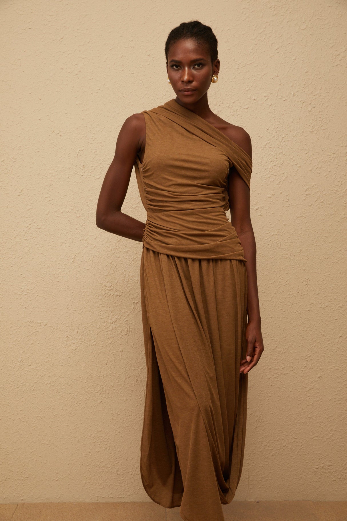 Aurohaya Catarina Brown Asymmetrical Ruched Maxi Dress