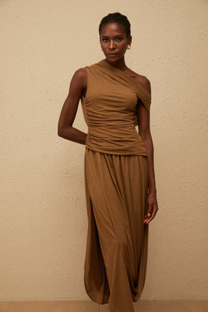 Aurohaya Catarina Brown Asymmetrical Ruched Maxi Dress