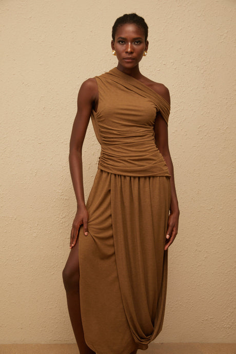 Aurohaya Catarina Brown Asymmetrical Ruched Maxi Dress