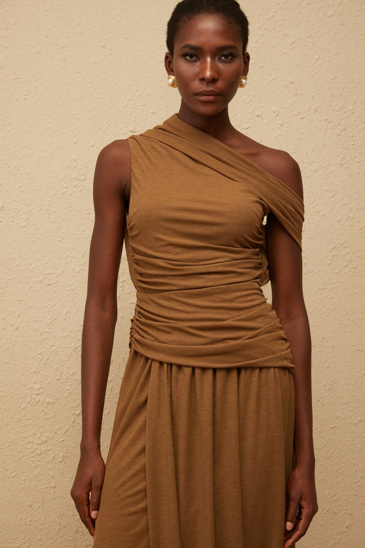 Aurohaya Catarina Brown Asymmetrical Ruched Maxi Dress