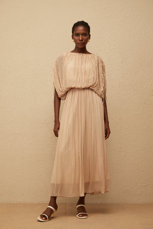 Aurohaya Charitina Neutral Fully Pleated Blouse & Skirt Set