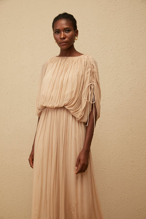 Aurohaya Charitina Neutral Fully Pleated Blouse & Skirt Set