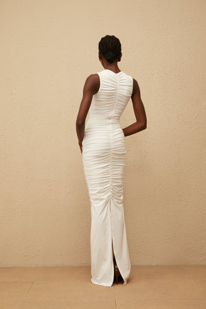 Aurohaya Capucine White Ruched Corset Maxi Dress