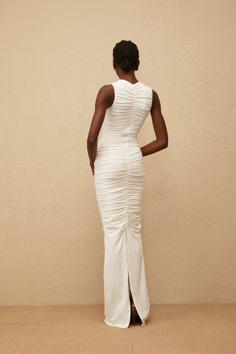 Aurohaya Capucine White Ruched Corset Maxi Dress