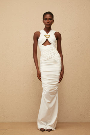 Aurohaya Capucine White Ruched Corset Maxi Dress